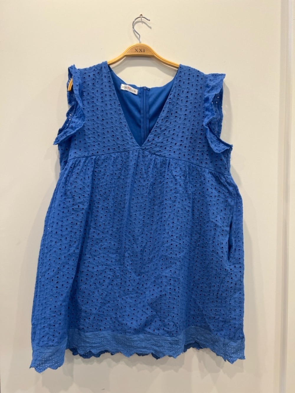 Eyelet V-Neck Sleeveless Babydoll Dress with Ruffle Sleeves Shorts - Blue size L